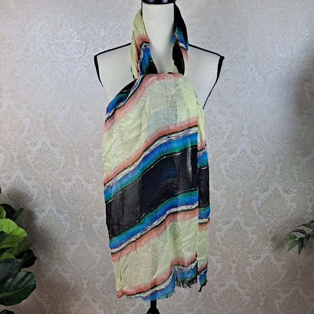Multi Color Striped Lightweight Scarf Small Fringe Ends 100% Rayon